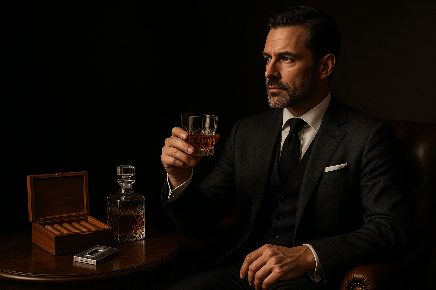 a man holding a glass of whisky and maybe a smoker kit ? i ll put my button left so my dark side of the picture must be left for the button to be showing , so make a scene of premuim products used by a man well dressed