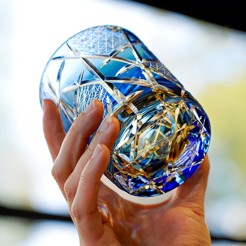 Edo Kiriko Hand-Carved Amber Lightning Pattern Whiskey Glass