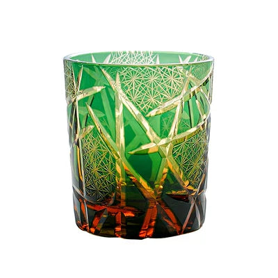 Edo Kiriko Hand-Carved Amber Lightning Pattern Whiskey Glass