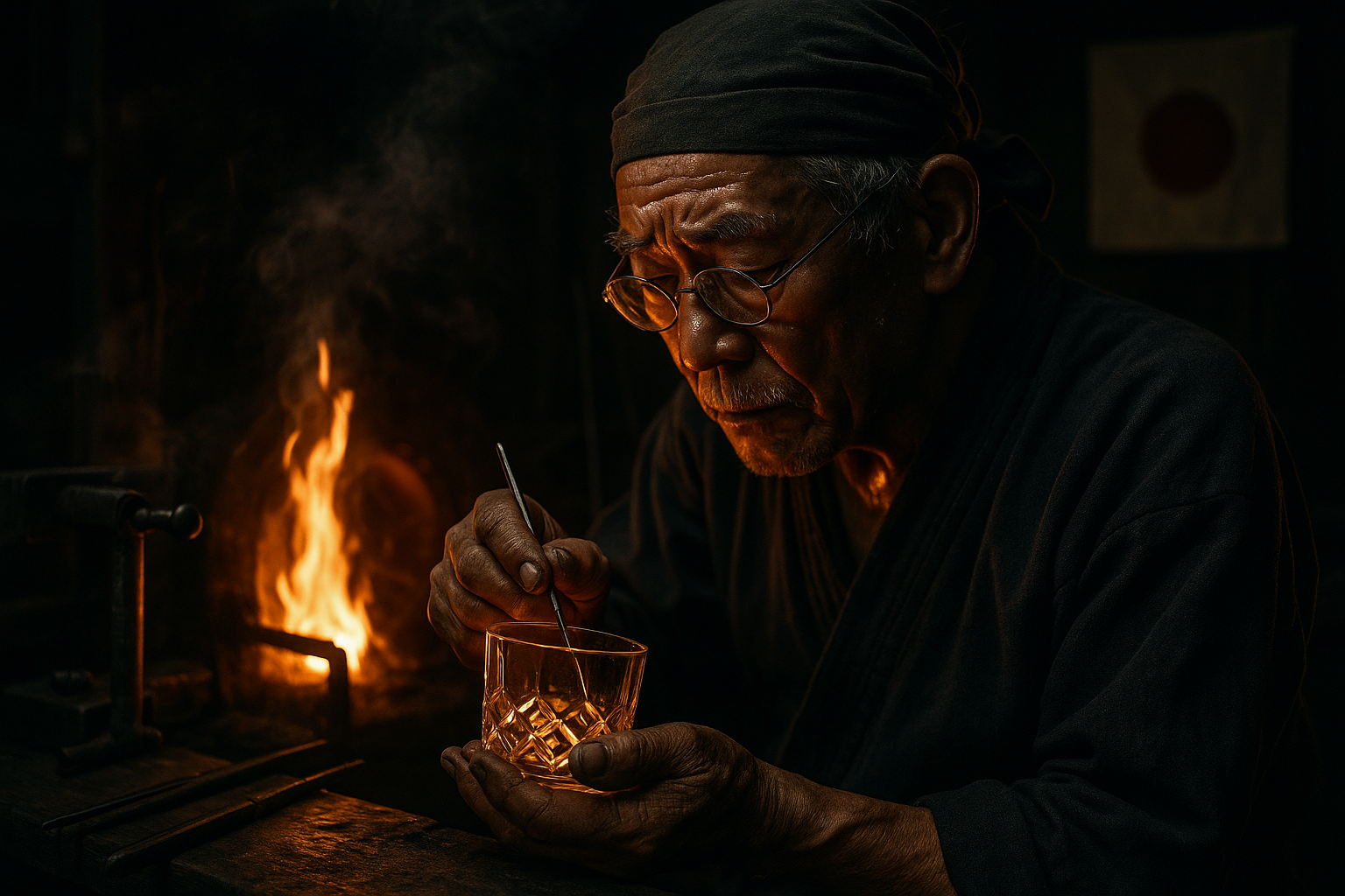 Generate an image for an old man working hand made to make a whisky glass , and another one making a pirce of brass , ( Deer logo ) is inspired from our brand name Deervin , must be from japan and old men , and add Japanese flag for the social proof , picture must be in dark mood and litle fire to show the Greatness , also men are old and sweeting 